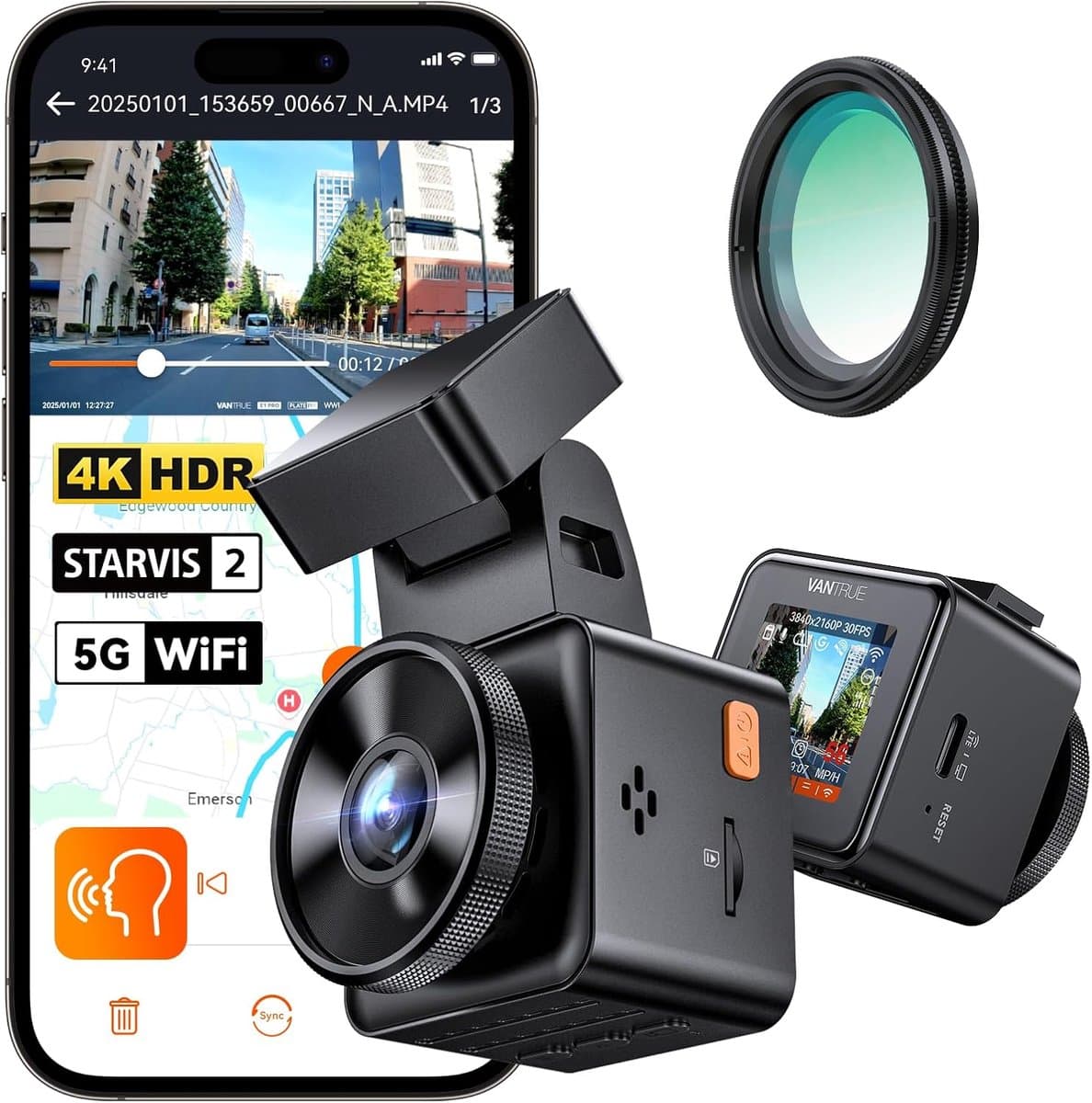 VANTRUE E1 Pro 4K Mini Dash Cam Voorkant, STARVIS 2 Plate Pix™ HDR Nachtzicht Autocamera, 5G WiFi GPS, 1,54'' scherm, LTE,Spraakbesturing, 24H Gebufferde Parkeermodus — afbeelding 1