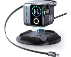 Joyroom 5in1 Oplader - 140W Snellader met dubbele USB C Kabel - 2x Uittrekbaar USB-C Kabel - LCD Display - Geschikt voor Macbook Laptop, Tablet & Telefoon