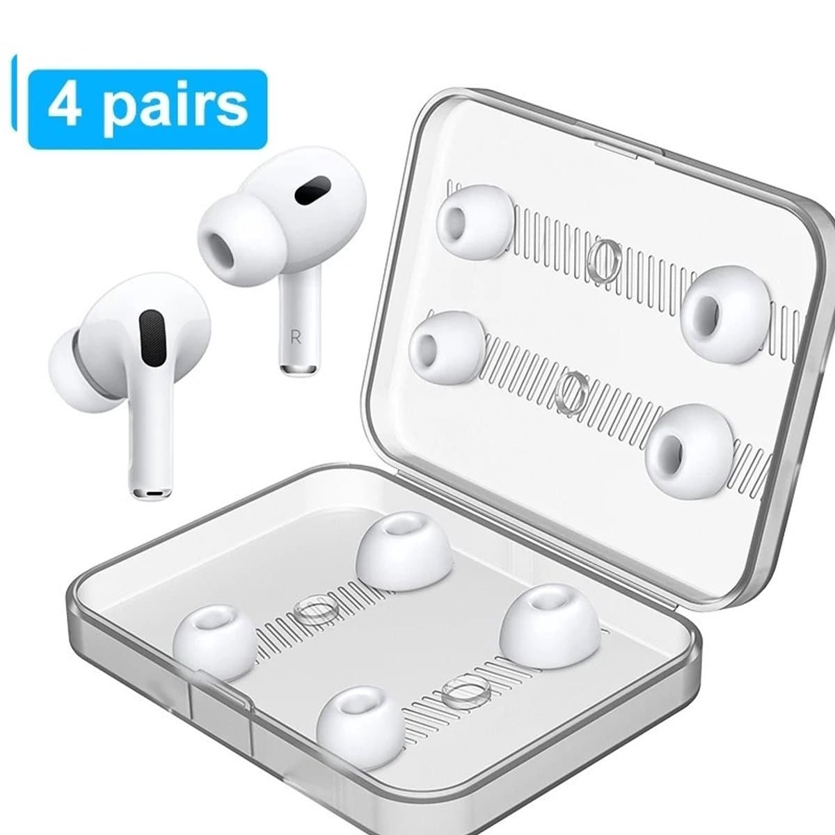 Silicone Oortips voor AirPods Pro (1e & 2e gen) – 4 Paar XS/S/M/L – Inclusief Opbergcase – Comfortabel & Geluidsisolerend – Wit — afbeelding 1