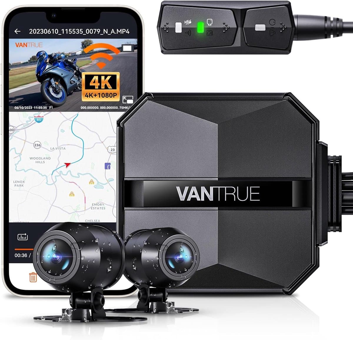 VANTRUE F1 4K + 1080P dashcam motorfiets, 5GHz WiFi GPS dashcam voor en achter, IP67, Duitse stemaanwijzingen motorcamera, 24 uur. Botsingsdetectie, Kilometerstand, WDR & HDR & App, Maximaal 512G — afbeelding 1