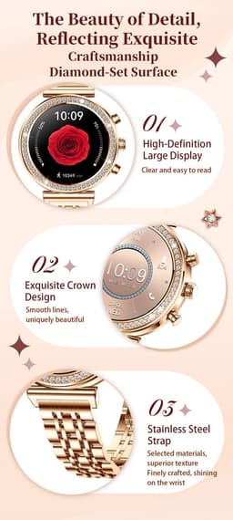 Knobbout Luxe Dames Smartwatch 1.27” met Kristallen – Bluetooth Bellen – HD Touchscreen – Hartslag, Bloeddruk & SpO₂ Monitoring – Vrouwelijke Gezondheidsfuncties – AI spraakassistent– IP68 Waterdicht – Rosé goud stalen horlogeband — thumbnail 5