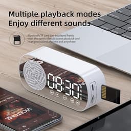 Digitale Wekker - Bluetooth Speaker - Premium Wekker - met LED Spiegeldisplay - Twee alarmen met hoog volume - Digitale Wekkerradio - Wit — thumbnail 2