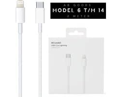 AB Goods USB-C Naar Lightning Kabel 2 Meter - Geschikt als iPhone Oplader - Oplaadkabel - Geschikt voor Oplader iPhone - Snellader - Geschikt voor iPhone (6 t/m 14) - Snelladen - 2 Meter - Wit