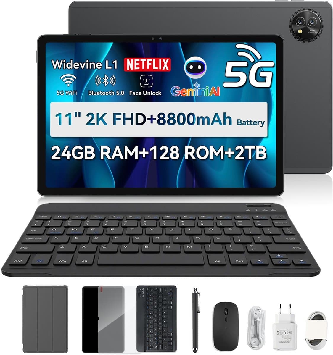 Blackview ZENO 10 Tablet - 5G AI Tablet - 24GB RAM - 128 GB ROM - 11 inch - 8800mAh - Met Toetsenbord(QWERTY), Beschermhoes, Muis, Stylus - Android 15 Tablet - Widevine L1 - GPS - Zwart — afbeelding 1