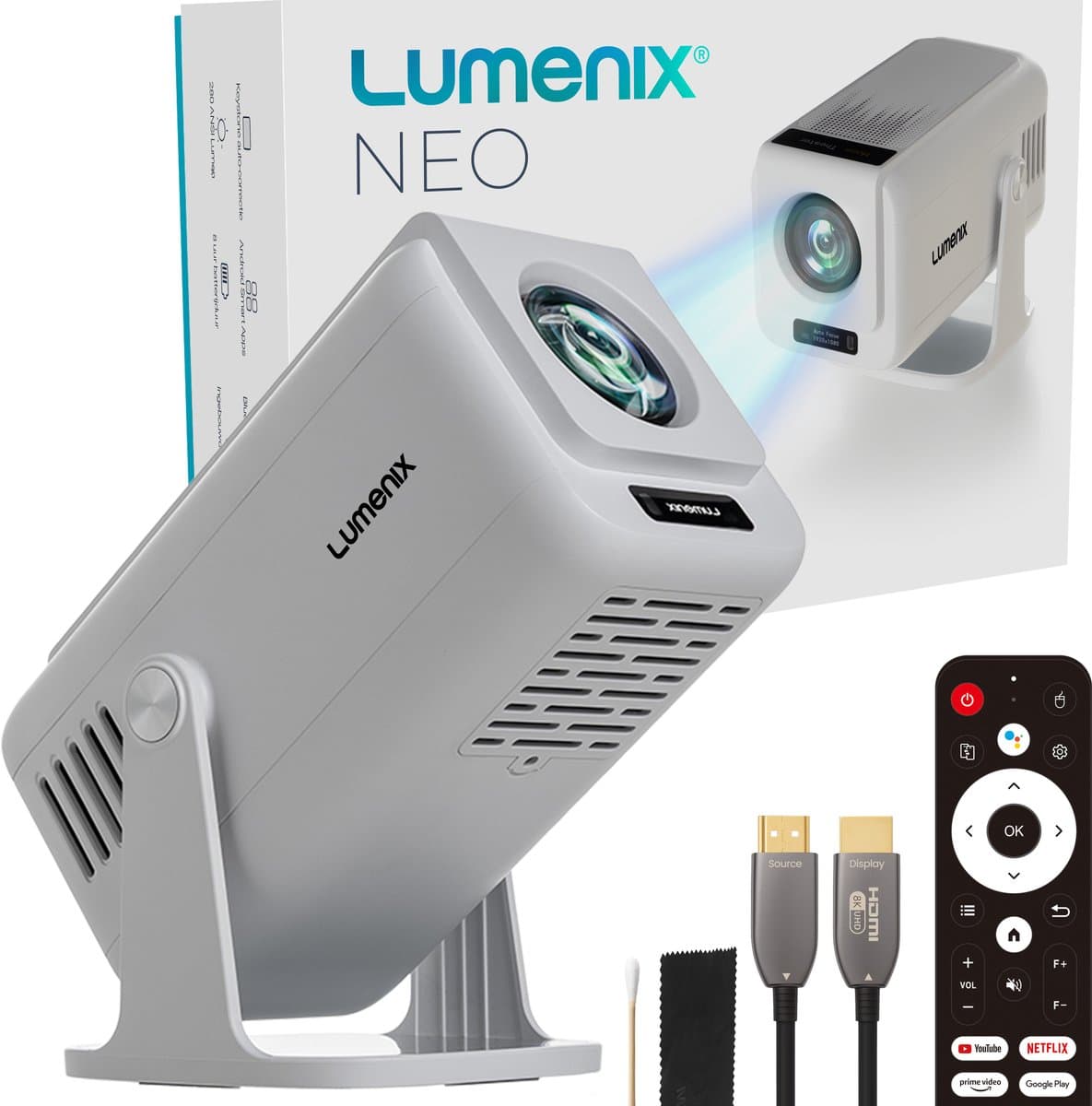 Lumenix® NEO Mini Beamer – Full HD Projector met Netflix, Android 13, WiFi 6 & Bluetooth 5.0 – Autofocus & 4D Keystone – Thuisbioscoop Beamer – Kleine Projector – Wit — afbeelding 1