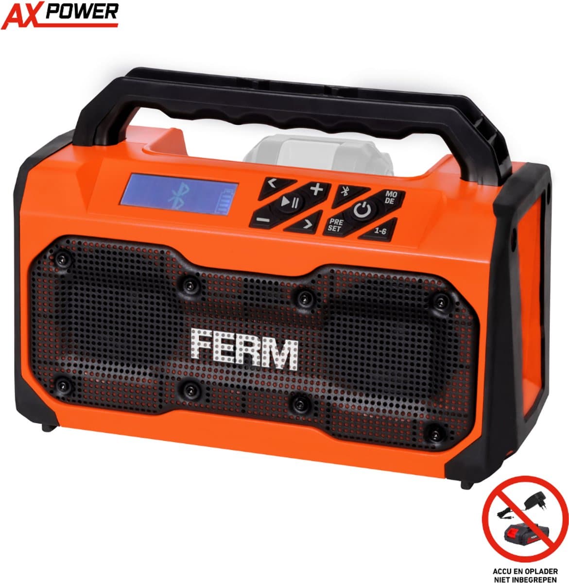 FERM - AX-POWER - JRM1005 - Bouw radio - Bluetooth radio - FM radio - USB oplaadpoort - Stereo - 2x 15W - Draagbaar - Werkt op 20V AX of FX accu [apart verkrijgbaar] - Geschikt voor de werkplaats - Bouwvakker radio - Powerbank functie - Jobsite radio — afbeelding 1
