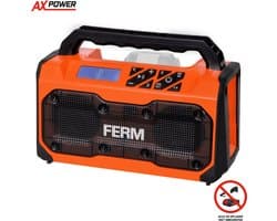 FERM - AX-POWER - JRM1005 - Bouw radio - Bluetooth radio - FM radio - USB oplaadpoort - Stereo - 2x 15W - Draagbaar - Werkt op 20V AX of FX accu [apart verkrijgbaar] - Geschikt voor de werkplaats - Bouwvakker radio - Powerbank functie - Jobsite radio