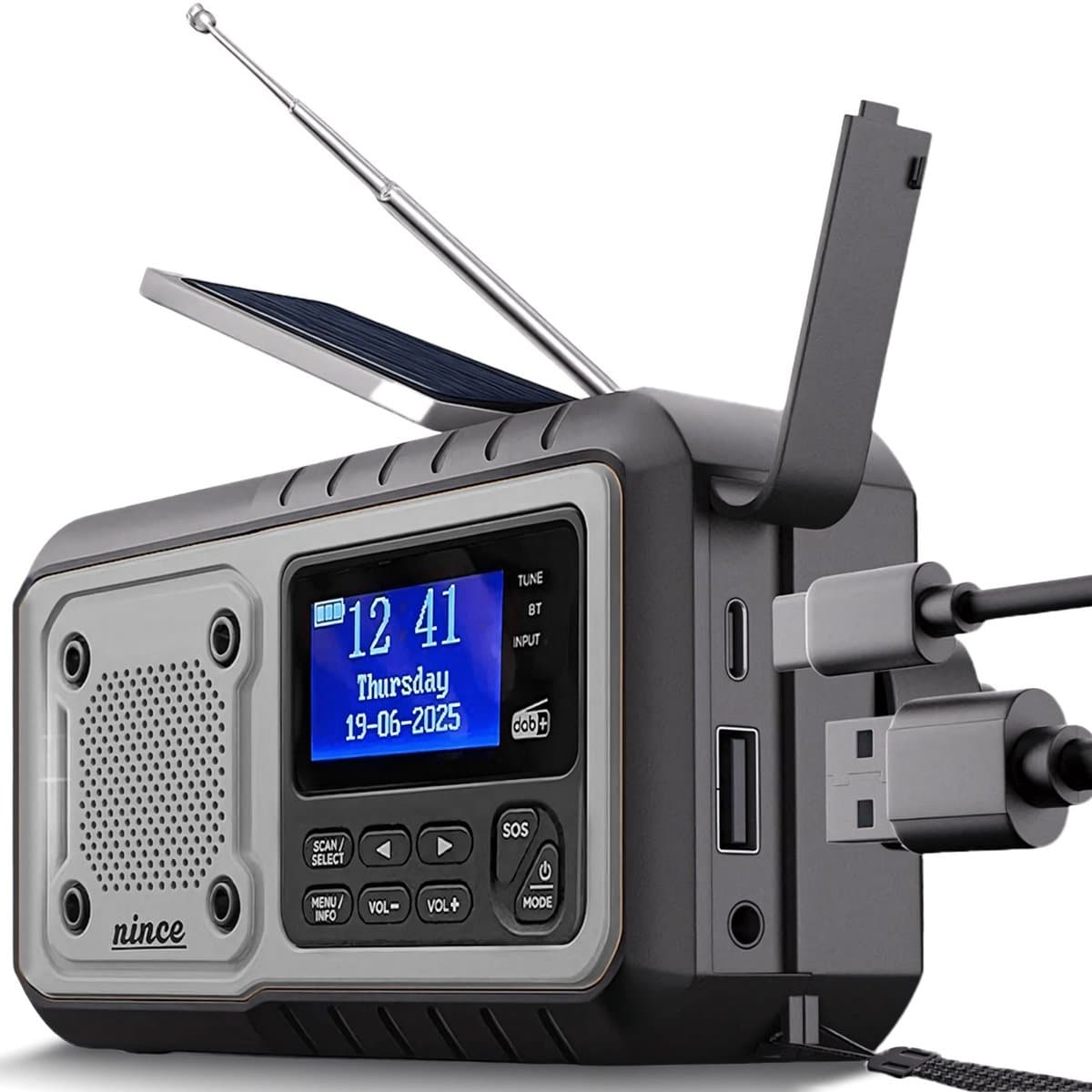 Nince DAB+ Noodradio - Solar, Opwindbaar & Batterijen - Powerbank, Zaklamp & USB-C - FM & Bluetooth — afbeelding 1