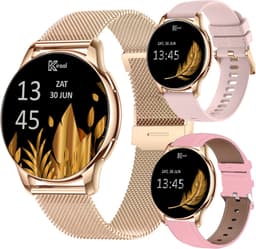 Kiraal Valencia AMOLED Smartwatch voor Dames - RVS, Lederen en Siliconen Bandje - Hartslagmeter - Stappenteller - Slaapmonitor - Multisport - Compatibel met Android en iOS - Rosé Goud en Roze — thumbnail 1