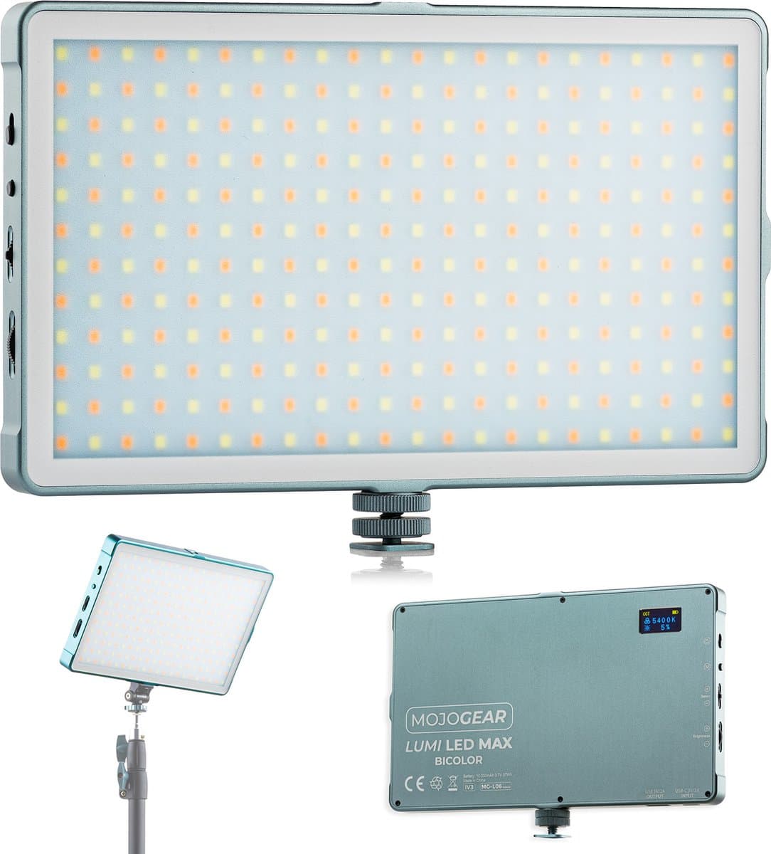 MOJOGEAR Lumi Bicolor LED-lamp XL - 18.5W - Stevig metaal - 10.000 mAh batterij - Wit/geel licht - Krachtige cameralamp / studiolamp / videolamp - Grijs — afbeelding 1