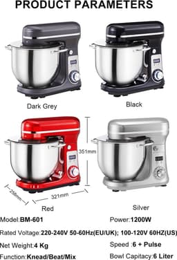 Biolomix Keukenmachine - Keukenmixer - Foodprocessor - Mixer - Blender - Stille motor - Keukenmachines - Mixer met mengkom - Mixers - 6L kom - 1200W - Grijs — thumbnail 2