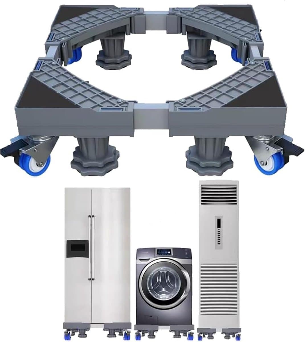 Onderstel voor wasmachine met wielen, wasmachinebasis met 4 poten + 4 wielen, verstelbare mobiele houder voor wasmachine, droger en koelkast, instelbare lengte 41 tot 64 cm — afbeelding 1