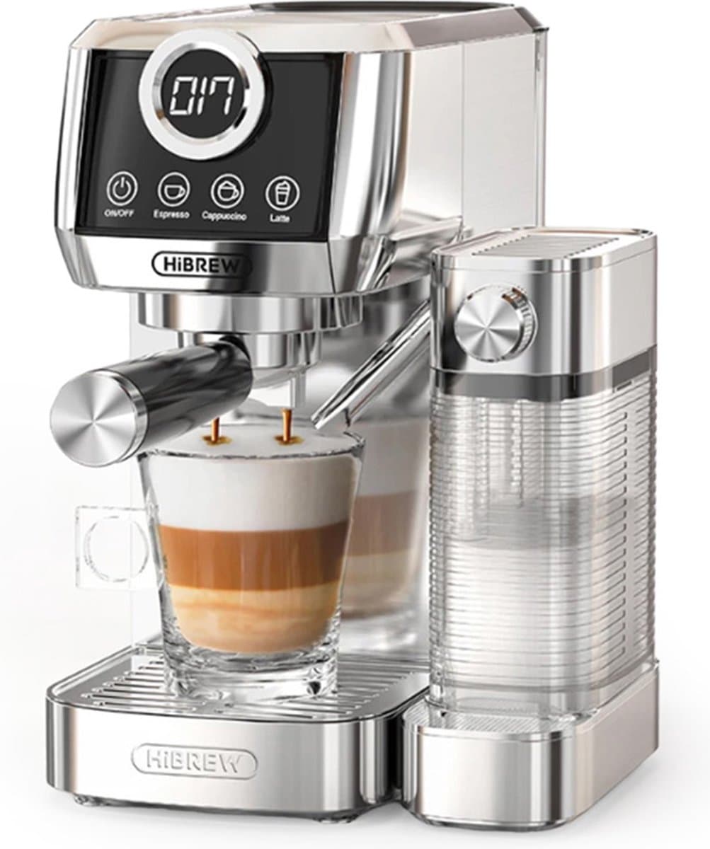 HiBREW H13A Halfautomatische 3-in-1 Koffiemachine – 20 Bar Extractiedruk – PID Temperatuurcontrole – Dubbel Boilersysteem – 1,3L Afneembaar Waterreservoir – Melkopschuimer – Zilver/Grijs — afbeelding 1