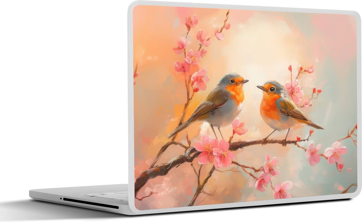 Laptop sticker - 14 inch - Roodborstjes - Sierlijk - Bloesemtak - 32x5x23x5cm - Laptopstickers - Laptop skin - Cover — afbeelding 1