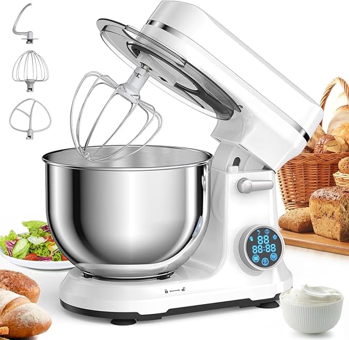 Traumheim® XS-001 5L Standmixer, 1200W keukenmachine, OLED digitaal display, elektrische keukenmachines met 3 accessoires en kom, blender (wit) — afbeelding 1