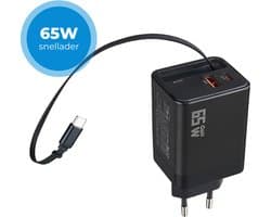 Snellader 65W - Inclusief 65W geïntegreerde USB-C Kabel - 1x USB-C PD Fast Charge - 1x USB-A Quick Charge 3.0 - Oplader 65 Watt - Met kabel - GaN Technologie - USB-C Adapter - Zwart