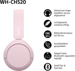 Sony WH-CH520 draadloze bluetooth-koptelefoon – tot 50 uur batterijduur met snellaadfunctie， on-ear stijl – roze — thumbnail 4
