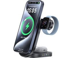 Caliber 3 in 1 Draadloze Oplader - Oplaadstation - 22,5W Snellader Qi2 Gecertificeerd - 30W USB C Adapter - Geschikt voor Smartphones, Apple Watch, Draadloze Oordopjes - Opvouwbaar - Zwart (PSQ-3A)