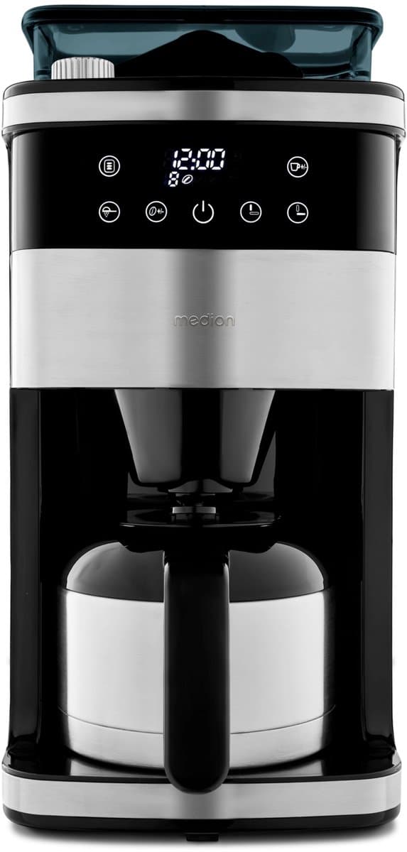MEDION koffiezetapparaat met molen en thermoskan (1 liter, max. 8 kopjes, 8 maalinstellingen, max. 1000 watt, timer, LED-display, druppelstop, permanent filter, MD19911) — afbeelding 1