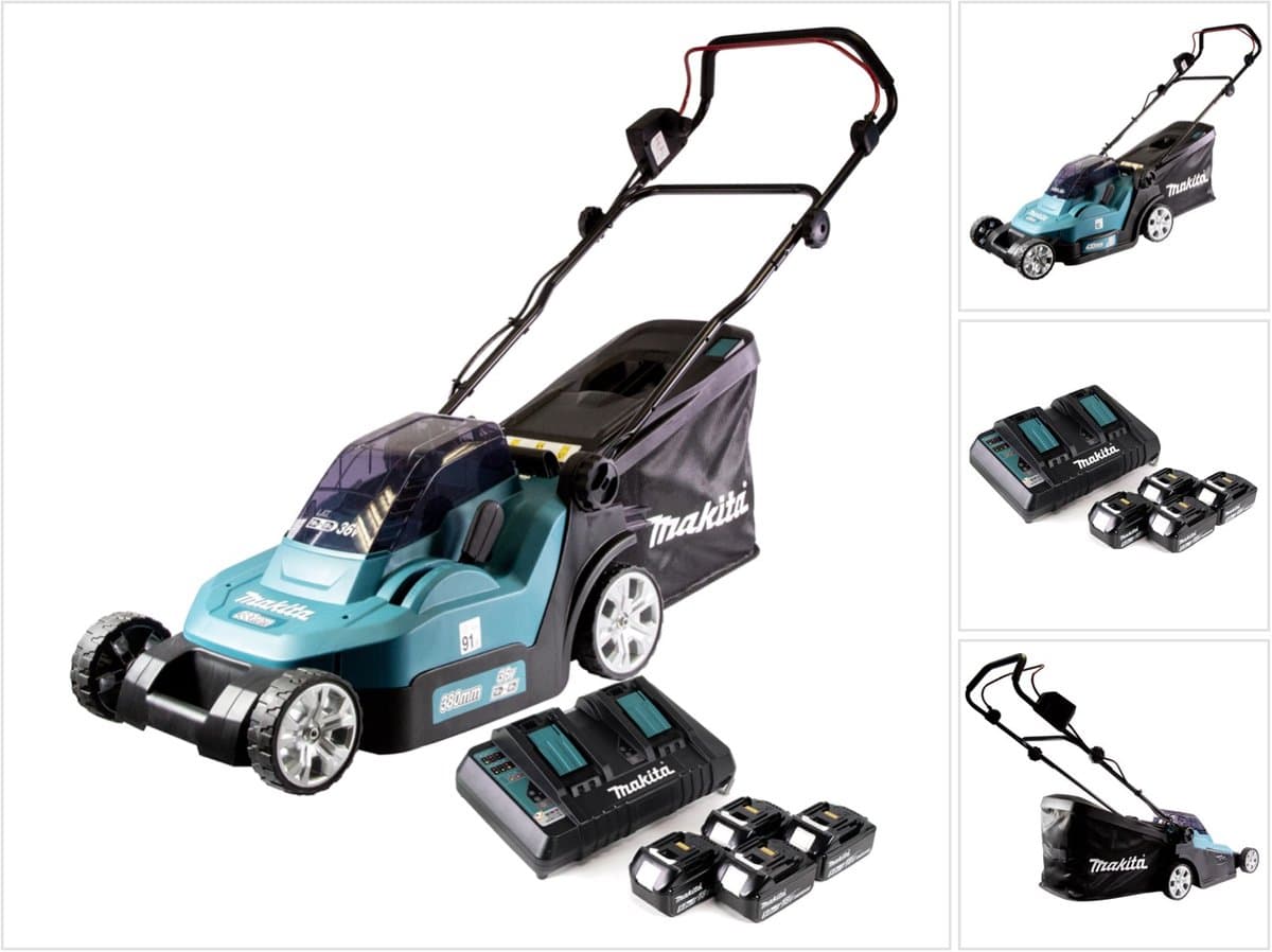 Makita DLM 432 PT4 accu grasmaaier 36 V ( 2x 18 V ) 43 cm borstelloos + 4x accu 5.0 Ah + dubbele lader — afbeelding 1