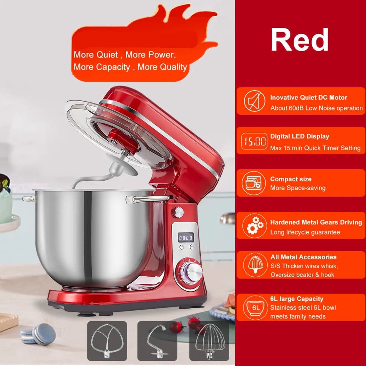 Keukenmixer - Keukenmachine - Foodprocessor - Keukenrobot - Elektrische Foodmixer - 1200W - Stil DC-Motor - LED Display - 6 Snelheden - Rood — afbeelding 1