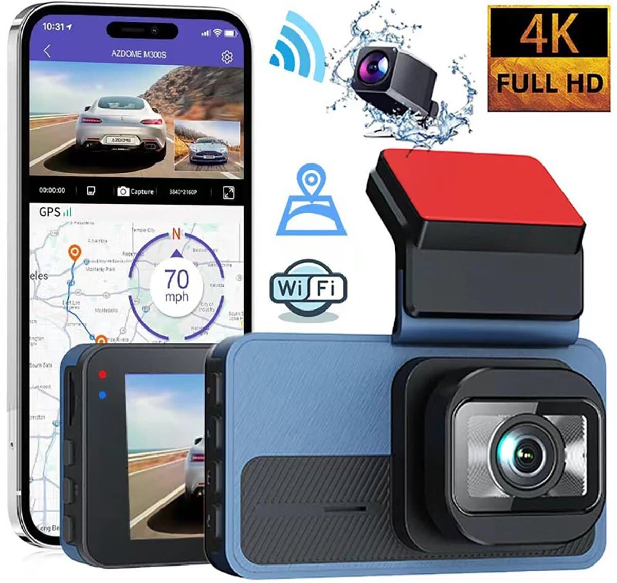 Auto DVR-camera - Dashcam - 64G, Full 4K HD 1080p, 2 lenzen, WiFi, GPS, parkeerbewaking, 3 inch, 170 graden hoek, Loop-opname, Nachtzicht — afbeelding 1