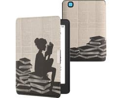 kwmobile e-reader hoesje geschikt voor Kobo Aura Edition 2 hoes - E reader flip case met magnetische sluiting - Ereader cover - Meisje met boeken design in zwart / beige