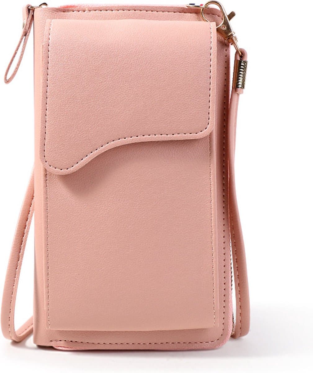 Coverzs Telefoontasje leer met portemonnee geschikt voor alle Telefoons - Universeel - Schoudertas - Damestas - Telefoontas (roze) — afbeelding 1