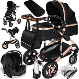 KESSER® Kinderwagen 3 in 1 Loops Wandelwagen Set incl. Autostoel & Reiswieg & Buggy Sportzitje - Massieve Rubberbanden - Luiertas / Regenhoes - Zwart / Champagne — thumbnail 1