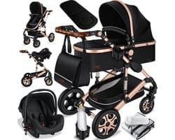 KESSER® Kinderwagen 3 in 1 Loops Wandelwagen Set incl. Autostoel & Reiswieg & Buggy Sportzitje - Massieve Rubberbanden - Luiertas / Regenhoes - Zwart / Champagne