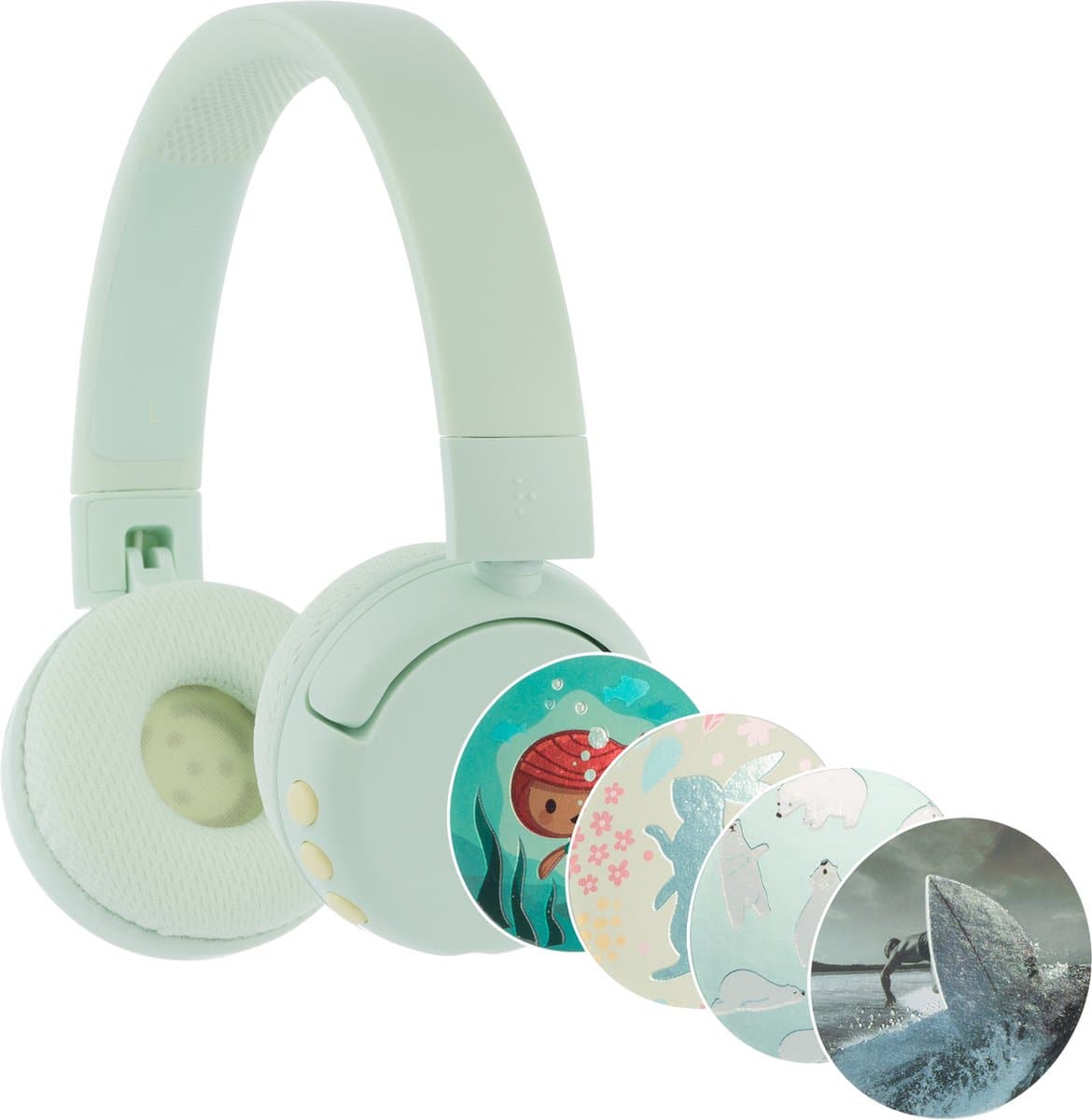 BuddyPhones PopFun Koptelefoon Kinderen - Kinder Koptelefoon Draadloos – Volumelimiet 84/95 dB – 24 uur batterijduur – Bluetooth Hoofdtelefoon - Ingebouwde microfoon - Inclusief Leuke Stickers - Groen — afbeelding 1