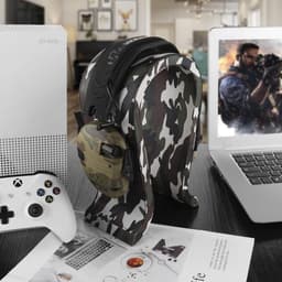 Houten Omega hoofdtelefoonstandaard voor over-ear hoofdtelefoon - veganistisch leder - gaming headset standaard - bureaudisplay hanger - Sordin Walker's HyperX SteelSeries - Camo — thumbnail 3