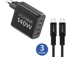 MOJOGEAR CHARGE+ 140 Watt oplader met USB-C naar USB-C kabel 3 meter — Geschikt voor laptops, smartphones en tablets —Inclusief extra lange kabel — 4 apparaten tegelijk opladen — Zwart