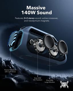 soundcore Boom 2 Plus Buitenluidspreker - Bluetooth - 140W - 2+2 kanalen - BassUp 2.0 - 20 uur - Snel opladen - IPX7 - Waterdicht - RGB-verlichting - USB-C - Powerbank - Voor kamperen - Strand - Tuin - Blauw — thumbnail 3