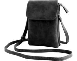 Suede Smartphone / Telefoon Tasje - Zwart | Leder | 20 x 13 x 3,5 cm | Fashion Favorite