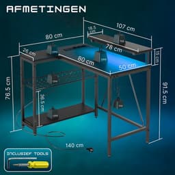 Five Stars® L-Vormig Game Bureau - 107x80x76 cm - Game Bureau met LED verlichting - Zwart Carbon - Hoekbureau - Gaming Desk - Computertafel — thumbnail 2