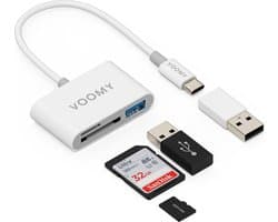 Voomy SD Kaart Lezer - 3 in 1 - SD / Micro SD / TF Card Reader - USB C & USB A - Kaartlezer Wit - Geschikt voor Laptop / Smartphone / Tablet / Universeel