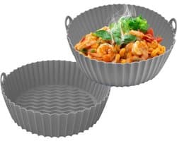 Siliconen bakpan - Airfryer - 2-delig - Grijs - Airfryerbak - Rond 7,5 Inch (Klein) - BPA-vrij - Herbruikbaar met handgrepen aan beide zijden