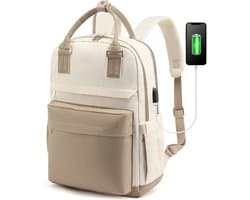 Vermanto Rugzak - Rugtas - Dames - Meisjes - Vrouwen - Laptop - Boekentas - Werk - School - Waterdicht - USB - Beige - Wit