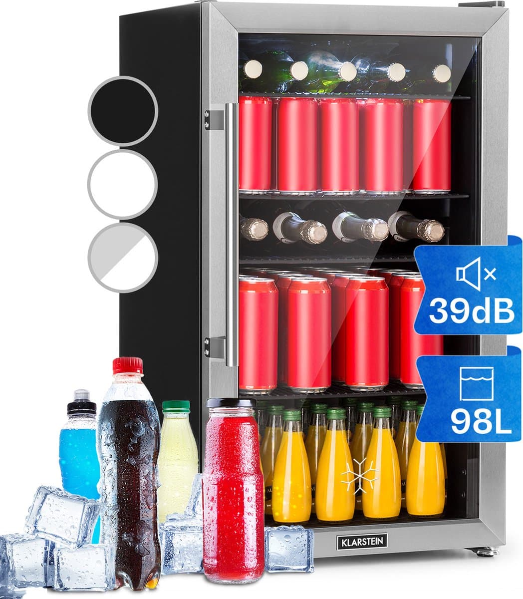 Klarstein Drankkoeler minikoelkast met glazen deur, minikoelkast voor op de kamer, kleine met verstelbare schappen, kleine koelkast van 98 liter, stille koelkast voor binnen en buiten - Drankkoelkast Drankenkoelkast - Touch - RVS — afbeelding 1