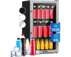 Klarstein minikoelkast met glazen deur, minikoelkast voor op de kamer, kleine drankkoeler met verstelbare schappen, kleine koelkast van 98 liter, stille koelkast voor binnen en buiten