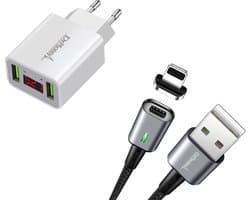 DrPhone iCON - Magnetische Lightning Oplaadkabel 3A + Thuislader 2 poorten USB Oplader 2.2A met LED Display - Geschikt iPhone 13 / 12 / 11 / X / XS / XR / 8 / 7 / SE / iPad - Wit/Zwart