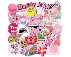 Roze sticker mix voor meisjes - 50 stickers met teksten, dieren, plaatjes - voor laptop, muur etc - Kleur roze