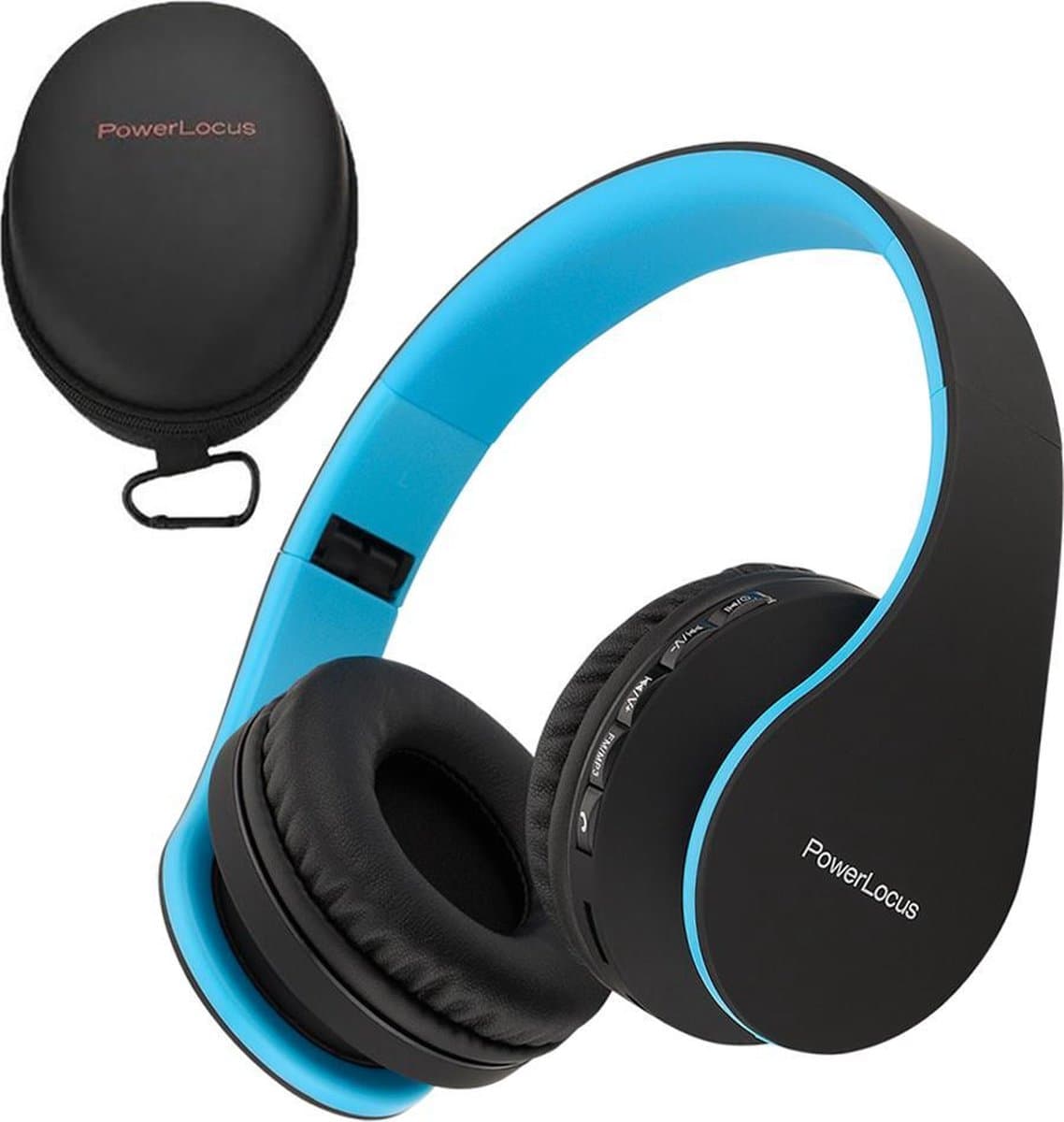 PowerLocus P1 Bluetooth Koptelefoon – Draadloos – Over Ear – Met Microfoon – Inklapbaar - incl. Hoes – Zwart/Blauw — afbeelding 1