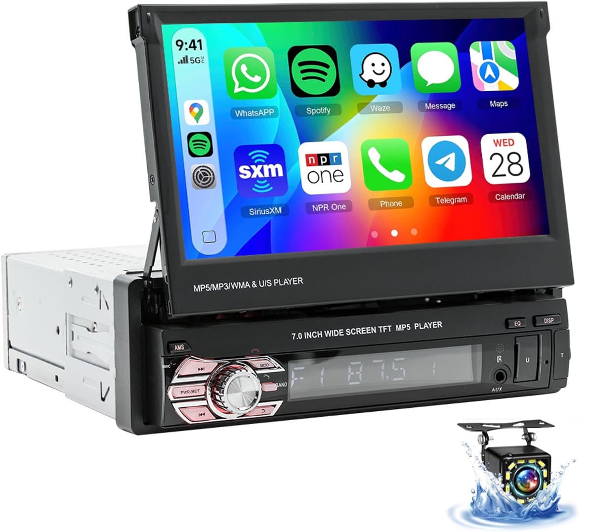 ESSGOO 1Din Autoradio Met Bluetooth - Apple Carplay & Android Auto - 7" HD Touchscreen Handmatig Opvouwbaar Scherm - USB, AUX, FM, EQ, TF - 12 LEDs Achteruitrijcamera — afbeelding 1
