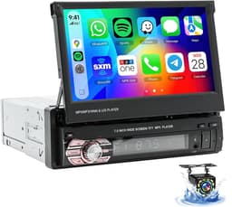 ESSGOO 1Din Autoradio Met Bluetooth - Apple Carplay & Android Auto - 7" HD Touchscreen Handmatig Opvouwbaar Scherm - USB, AUX, FM, EQ, TF - 12 LEDs Achteruitrijcamera — thumbnail 1