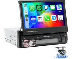 ESSGOO 1Din Autoradio Met Bluetooth - Apple Carplay & Android Auto - 7" HD Touchscreen Handmatig Opvouwbaar Scherm - USB, AUX, FM, EQ, TF - 12 LEDs Achteruitrijcamera
