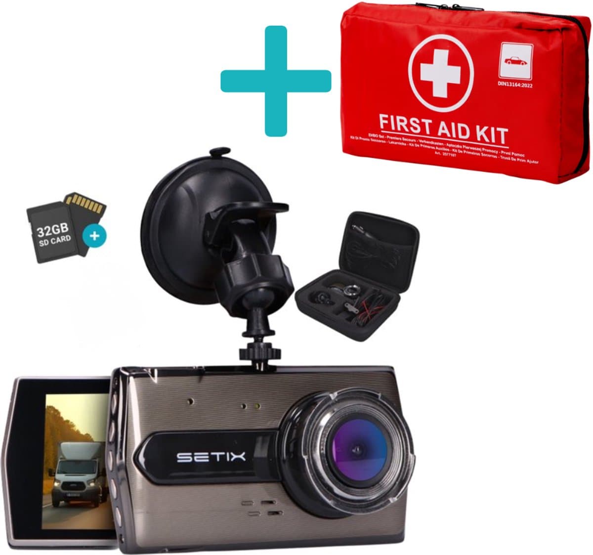 Setix Dashcam Go Met Auto-EHBO-tas - Voor en Achter Camera – Inclusief 32GB SD kaart - Full HD 1080P Resolutie – Met Opbergcase tegen Diefstal - Nachtzicht – Plug & Play - Parkeermodus - 170 Graden Kijkhoek – Loop Recording – 2025 Auto Camera — afbeelding 1
