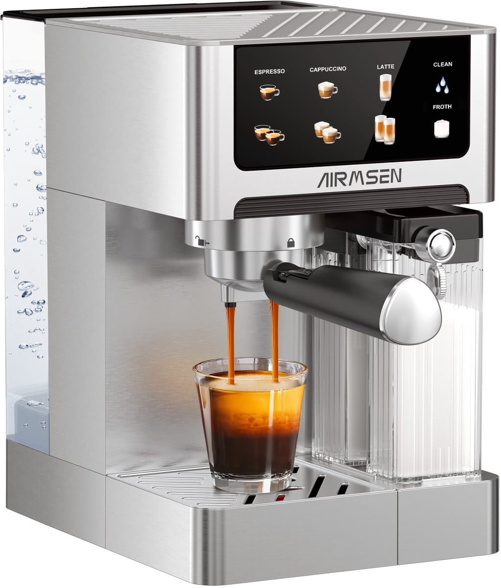 AIRMSEN Espressomachine - 20 Bar - Met Automatische Melkopschuimer - Pistonmachine - Zilver — afbeelding 1