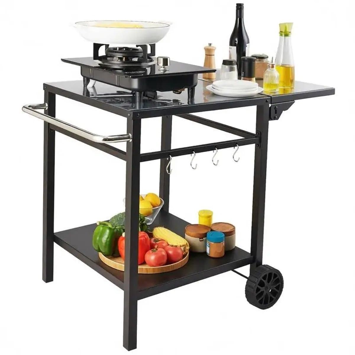 M-Goods - BBQ Trolley - Buitenkeuken op Wielen - Barbecue Tafel - BBQ Werktafel - Opvouwbaar Zijblad - Zwart — afbeelding 1